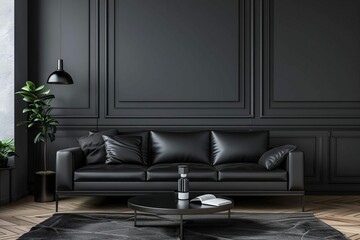 minimalist industrial style black living room interior with sleek leather sofa and decor