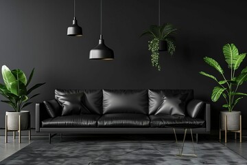 minimalist industrial style black living room interior with sleek leather sofa and decor - obrazy, fototapety, plakaty