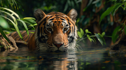 tiger in water 4k wallpaper - obrazy, fototapety, plakaty