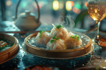 Traditional Dumplings (crystal dimsum) on Set Table: Food, Plate, Dining, Cuisine, Decoration