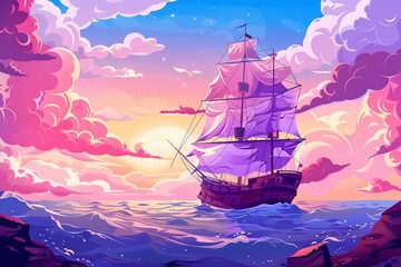 Cartoon illustration of a majestic sailing ship at sunset, with purple and orange hues creating a dreamy seascape