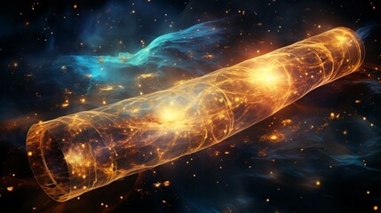 Ancient space scroll unfurling, close-up, star map with glowing lines and symbols, nebulous background, ethereal glow, digital abstract collageslayered effectgreat for album covers