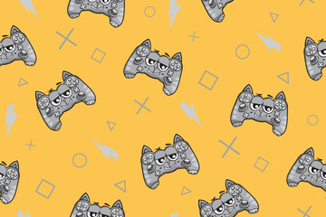 Cat gamepad seamless pattern with text gaming elements. Cartoon kitten joystick repeat print. Game pad cat print. Monster gamepad ornament on yellow background