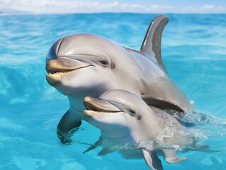 Fototapeta premium Mother and cute newborn baby dolphin,close up