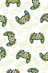 Monster gamepad illustration. Cartoon joystick print. Game pad print. Dragon gamepad print with smiling and horn, text play