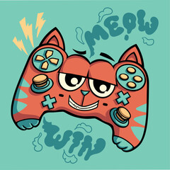 Orange Cartoon cat gamepad illustration with text Win, MEOW . Cute kitten joystick print. Game pad poster. Smiling cat gamepad print