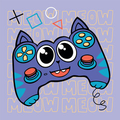 Cartoon cat gamepad illustration with text MEOW on purple background. Cute kitten joystick print. Game pad print. Smiling cat gamepad print