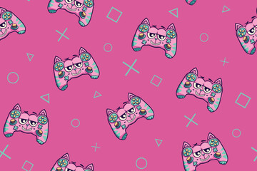 Cat gamepad seamless pattern with text gaming elements. Cartoon kitten joystick repeat print. Game pad cat ornament for girl clothes, wrapping paper. Monster gamepad ornament on pink