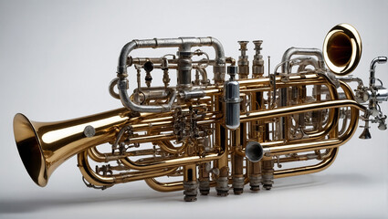 Unusual steampunk trumpet with many tubes, pipes and valves