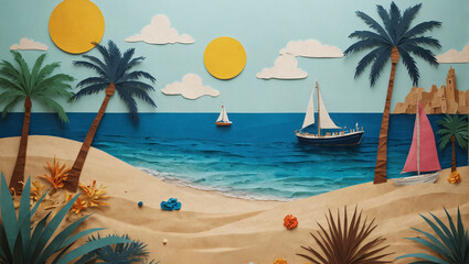 Colorful paper art collage of beach with palms, blue water, sun, sailboats