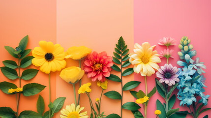 Summer colors palette, colorful floral background with colorful flowers arrangement in bloom. Summer bouquet design.