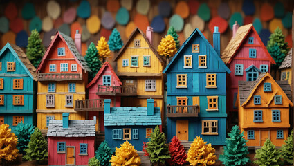 Colorful paper art collage of labyrinth historical village, houses in city