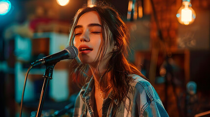 Stage performance in the evening. Young girl singer in casual clothes sings with a microphone on a stage. Live music concert show. The pop musician has a beautiful melodious voice. - Powered by Adobe