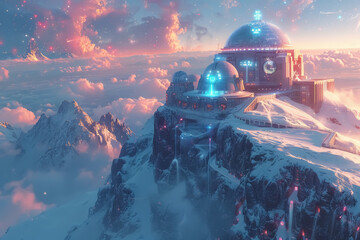 futuristic mountain top observatory at sunset with clouds and snow - obrazy, fototapety, plakaty