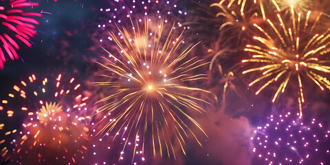 Vibrant Fireworks Display Scene, Colorful Firework Burst Backdrop, Dynamic Firework Celebration Background - Ai Generated