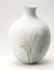 Japanese ceramic vase with floral pattern on the white background. Interior decor.