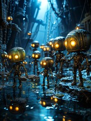 Group of Robots Standing in Room - obrazy, fototapety, plakaty