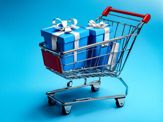 Small empty metal shopping cart with blue handles with gift box present on grey background. Shop buying holiday concept. Copy text space for advertising - obrazy, fototapety, plakaty