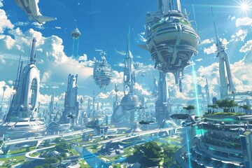 futuristic city with tall buildings, blue sky, and greenery and water features. Futuristic cars in the streets and skyscrapers with futuristic architecture. The blue sky and sun is shining with green