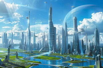 futuristic city with tall buildings, blue sky, and greenery and water features. Futuristic cars in the streets and skyscrapers with futuristic architecture. The blue sky and sun is shining with green - obrazy, fototapety, plakaty