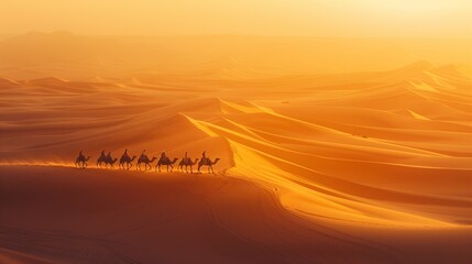 Lovely desert sunset with camel silhouettes on the sand dunes