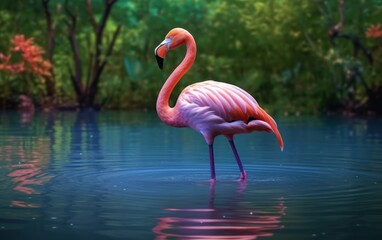 Serene Flamingo in Tranquil Waters - obrazy, fototapety, plakaty