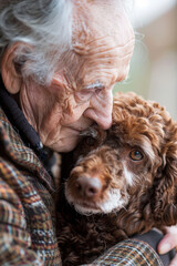 Elderly individuals cherishing moments with their pet dogs