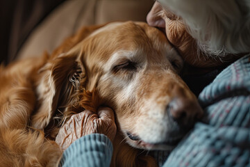 Elderly individuals cherishing moments with their pet dogs