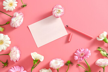 Valentine background with the flowers frame and blank greeting card