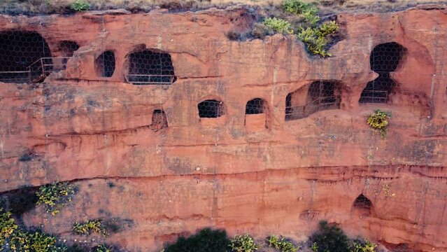 Aerial view of the hundred pillars cave an ancient hermitage carved in the rock in Arnedo, La Rioja, Spain. High quality 4k footage