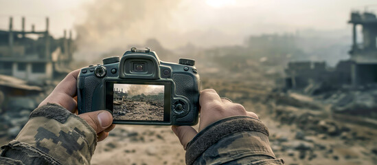 Through the Lens - Soldier Capturing War-Torn Landscape