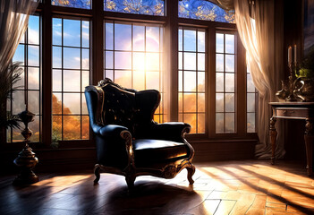 Retro vintage dark armchair against large light window in living room. Background stylish loft interior mock up photo with chair. Backdrop design interior wallpaper. Copy ad text space - obrazy, fototapety, plakaty