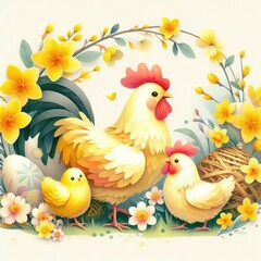 illsutration of Watercolor style illustration for hen famliy and egg, yellow flowers. paper art - obrazy, fototapety, plakaty