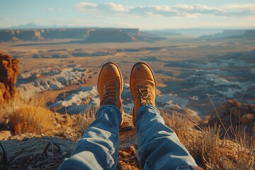 Legs with boots overlooking Grand Canyon from ledge