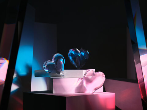Abstract Valentines day background with flying realistic glass