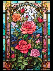 Whimsical stained glass window featuring roses and flowers.