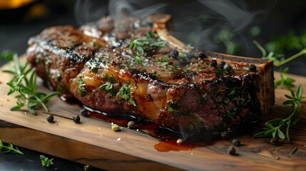 Sizzling Tomahawk Steak, Herb-Infused & Rustic. Concept Tomahawk Steak, Grilling Tips, Seasoning Ideas, Rustic Table Setting
