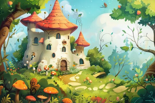 A dreamy cartoon illustration of a grand fairy tale castle surrounded by a vibrant and lush forest landscape