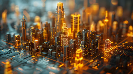 image of a golden capital city skyline adorned with business graphs, numbers, and clocks, symbolizing economic activity. - obrazy, fototapety, plakaty