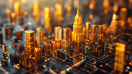 image of a golden capital city skyline adorned with business graphs, numbers, and clocks, symbolizing economic activity. - obrazy, fototapety, plakaty