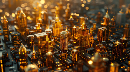 image of a golden capital city skyline adorned with business graphs, numbers, and clocks, symbolizing economic activity.