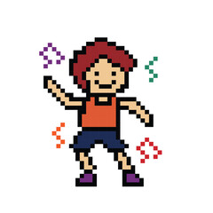 Cute pixel cartoon 8bit character man exercises training dance lifestyle vector for decoration life style 8 bit male boy dance with music note game fitness vector.