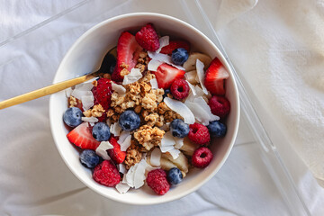 Delicious yogurt with granola and berries, healthy breakfast bowl