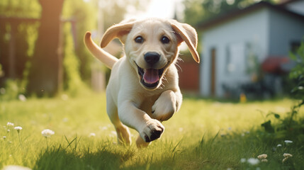 golden retriever puppy, 
Lovely puppy Labrador running to the camera on the lawn, stock photo