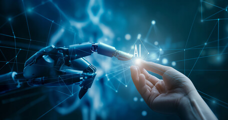 
Artificial Intelligence and Human Touch: AI, Machine Learning, Robot and Human Hands Touching, Big Data Network, Artificial Intelligence Technology, Innovation, Futuristic