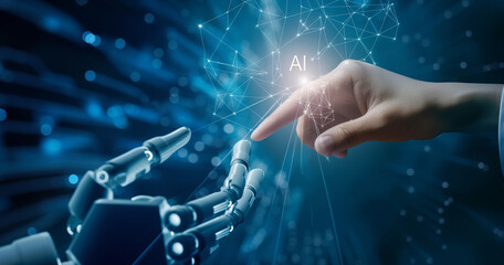 
Artificial Intelligence and Human Touch: AI, Machine Learning, Robot and Human Hands Touching, Big Data Network, Artificial Intelligence Technology, Innovation, Futuristic