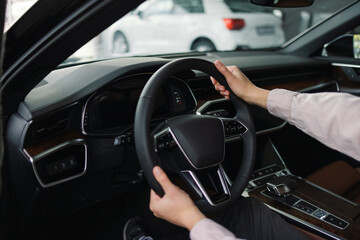 Modern steering wheel dashboard driver test drive customer