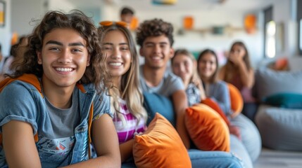 Group of Diverse College Students Enjoying Time Together in Living Room at Dorm. Education. studying and typical of university life concept. Generative ai