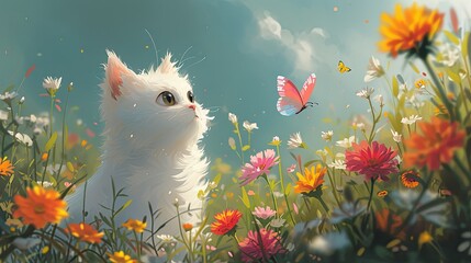 Whimsical Cartoon Scene of a White Cat and Pink Butterfly Telling Stories in a Flower-Filled Park, Captivating Audience with Vibrant Colors and Soft Lighting