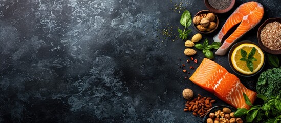 Food sources of omega 3 and healthy fats displayed on a dark background from a top-down perspective, with space for additional content. Included are vegetables, seafood, nuts, and seeds. - obrazy, fototapety, plakaty